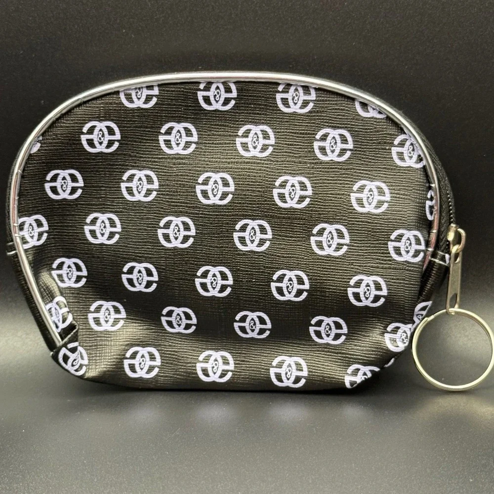 Black Cosmetic Bag with White Print‎ Zipper Pouch Keychain Ring